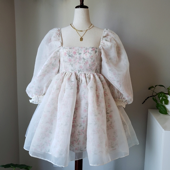 Reversible Floral Organza Babydoll Puff Dress - Picture 7 of 16